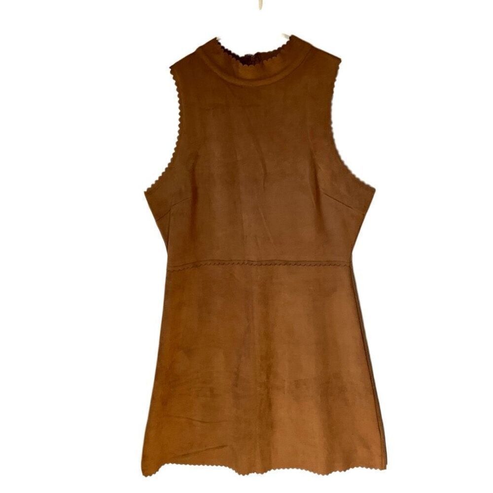 HYFVE Scalloped Hem Mini Dress, Large. Faux Brown Suede. Microfiber. Pretty